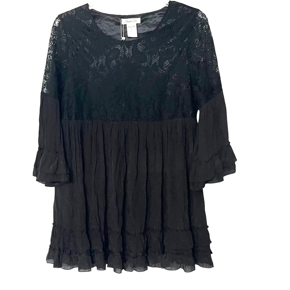 PAISLEY VINE LONG BELL SLV RND NECK MIDI WAIST DRESS, WOMEN-L-BLACK-LACE RUFFLES